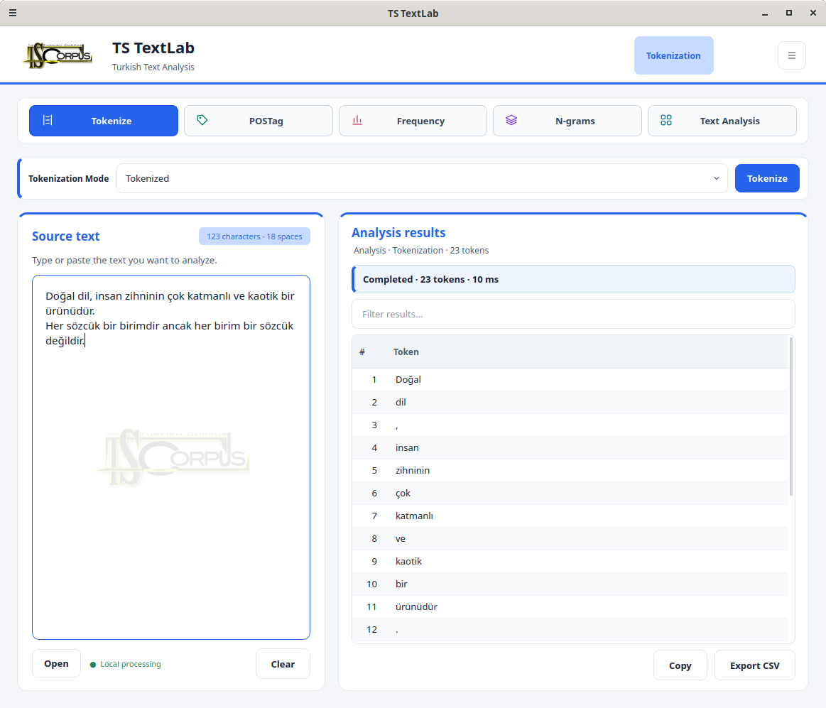 Tokenization screen: source text and tokenized analysis results