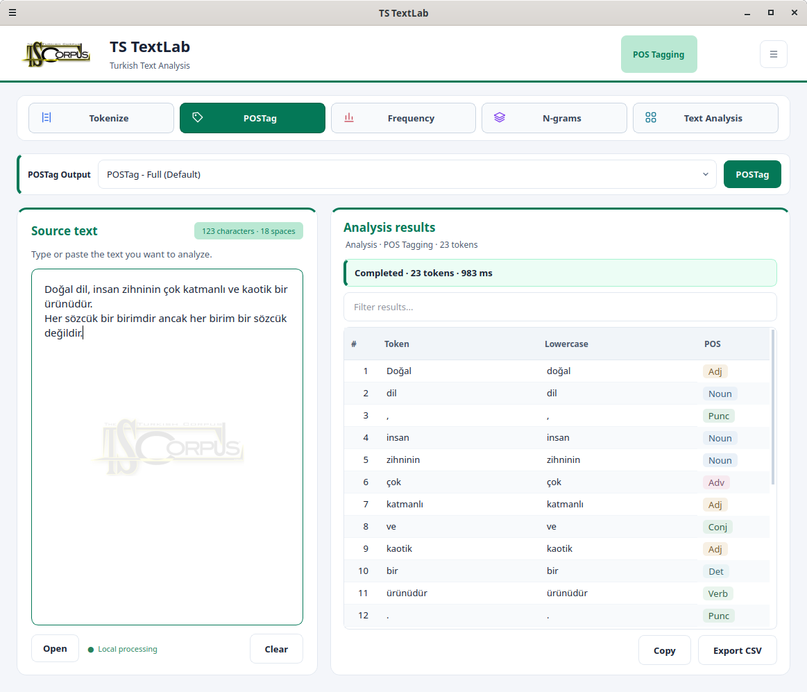 Part-of-speech tagging screen: tokens and POS tags